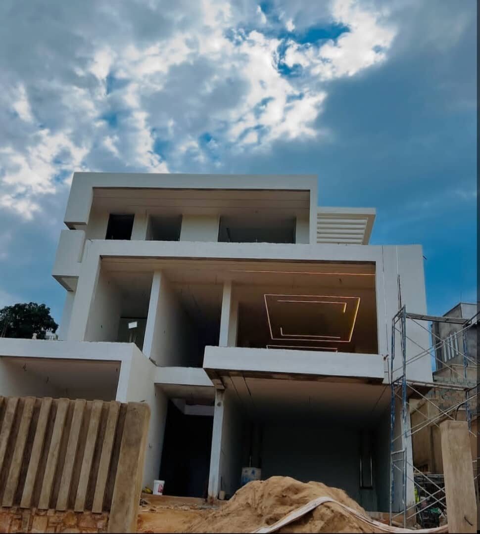 Completed modern house exterior at dusk