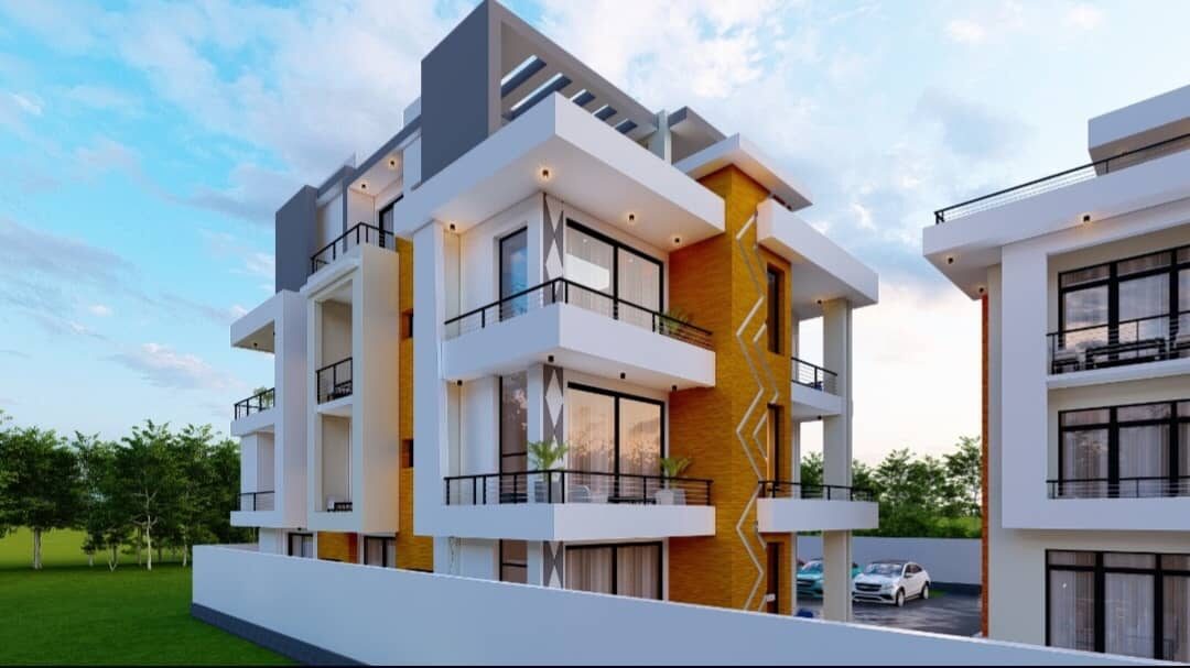 3D architectural render of modern apartment building